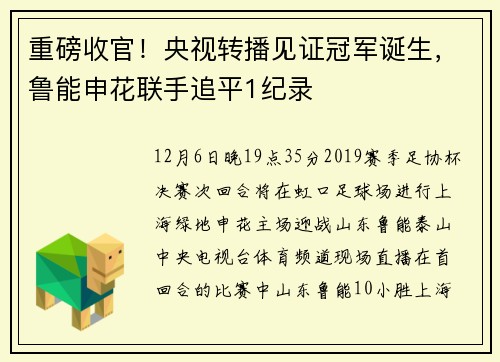 重磅收官！央视转播见证冠军诞生，鲁能申花联手追平1纪录
